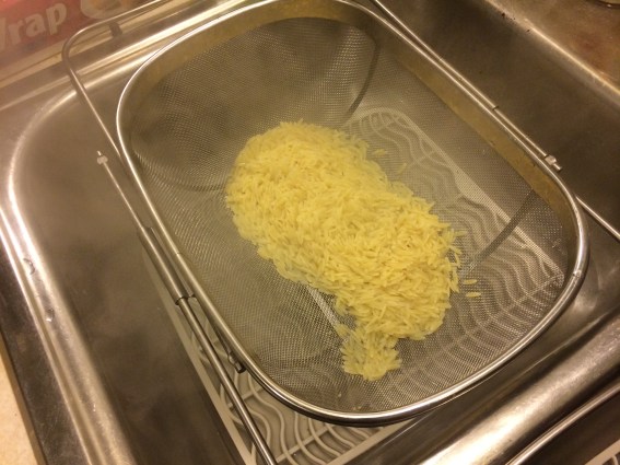 I realized the orzo would fall through my normal strainers, so I used this across the sink one I have!