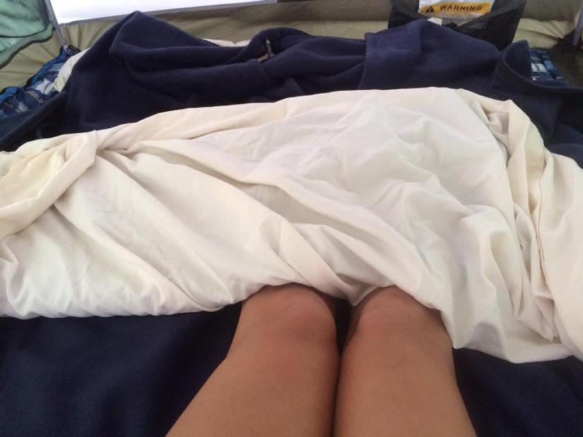 Camp set up: REI Camp Dome 2 tent (amazinnggggg), and then two Walmart sleep pads (suckyyyyyyy), a simple sleeping bag, two fleece sleeping bag liners - one on the bottom and one as a blanket, and a 1000 thread count sheet, and a pillow from home! Nice and snuggly!