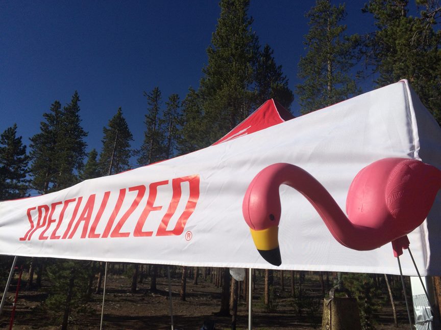 The pink flamingos of the Peloton Cycles tent!